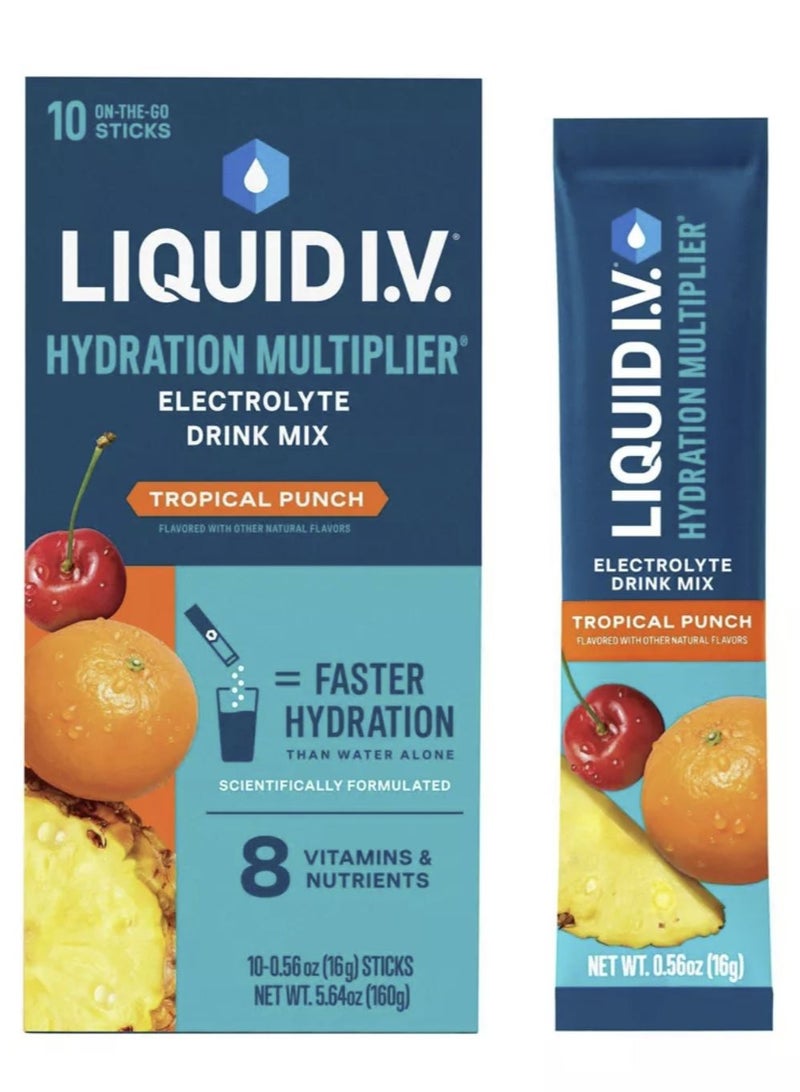 Liquid IV مضخم الترطيب، خليط مشروبات الإلكتروليت، نكهة الفواكه الاستوائية، 10 عبوات، 0.56 أونصة (16 جرام) لكل منها - Image 1