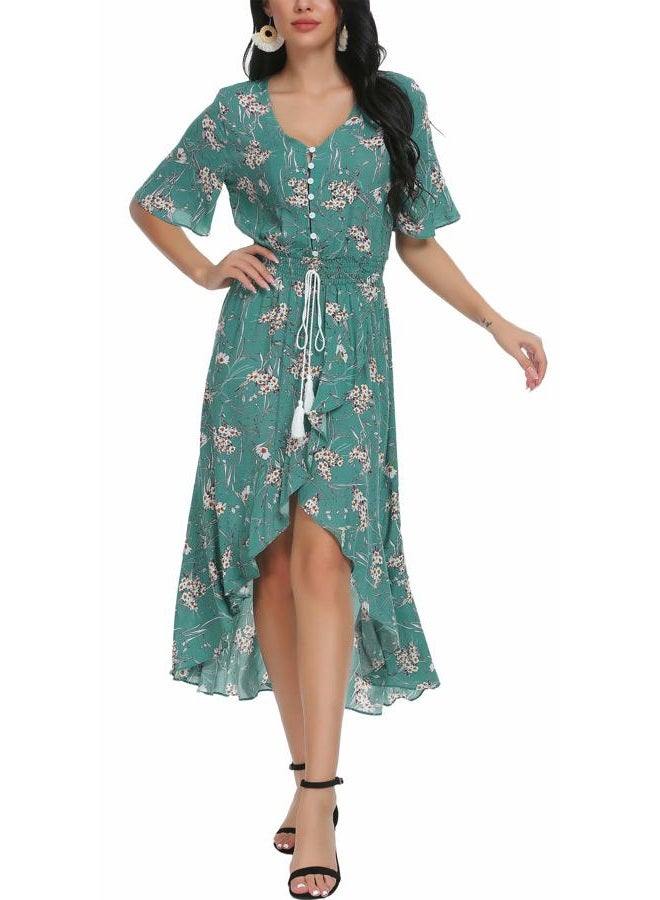 Kormei Womens Short Sleeve Floral Maxi Dress High Low V-Neck Flowy Party Long Dresses, D10-solid Green, XL - Image 1