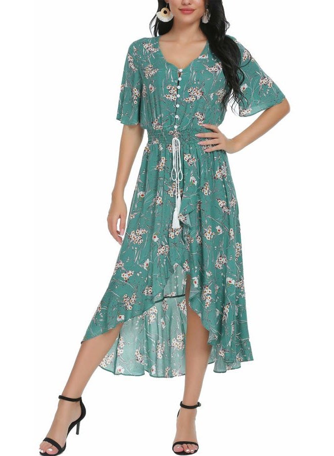 Kormei Womens Short Sleeve Floral Maxi Dress High Low V-Neck Flowy Party Long Dresses, D10-solid Green, XL - Image 4