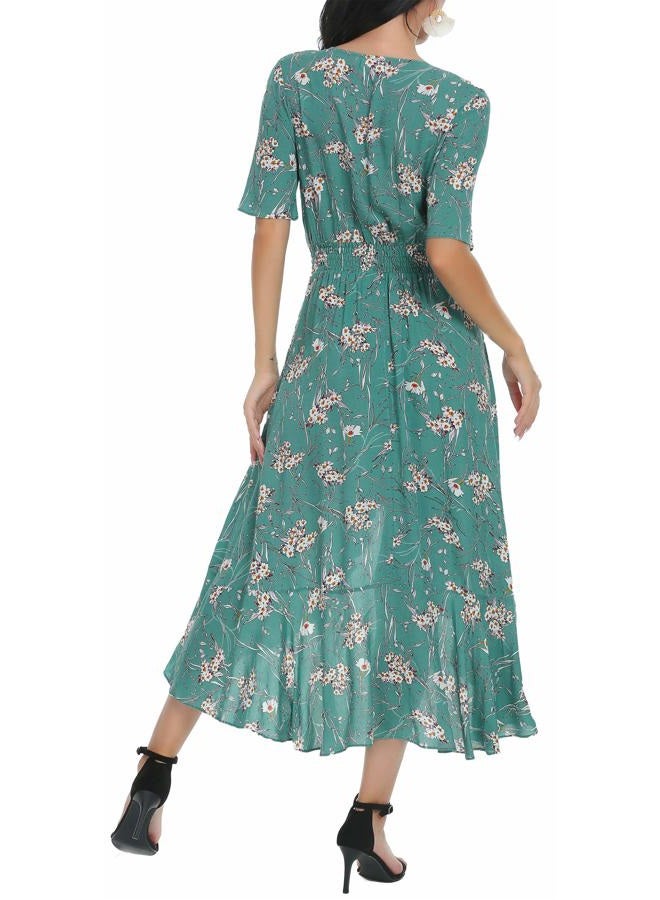 Kormei Womens Short Sleeve Floral Maxi Dress High Low V-Neck Flowy Party Long Dresses, D10-solid Green, XL - Image 5