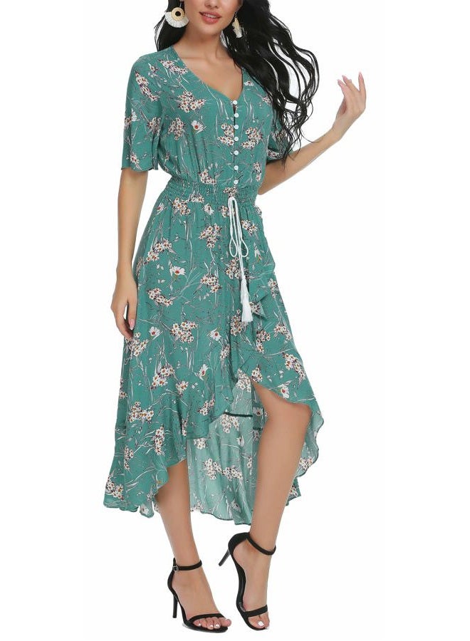 Kormei Womens Short Sleeve Floral Maxi Dress High Low V-Neck Flowy Party Long Dresses, D10-solid Green, XL - Image 3