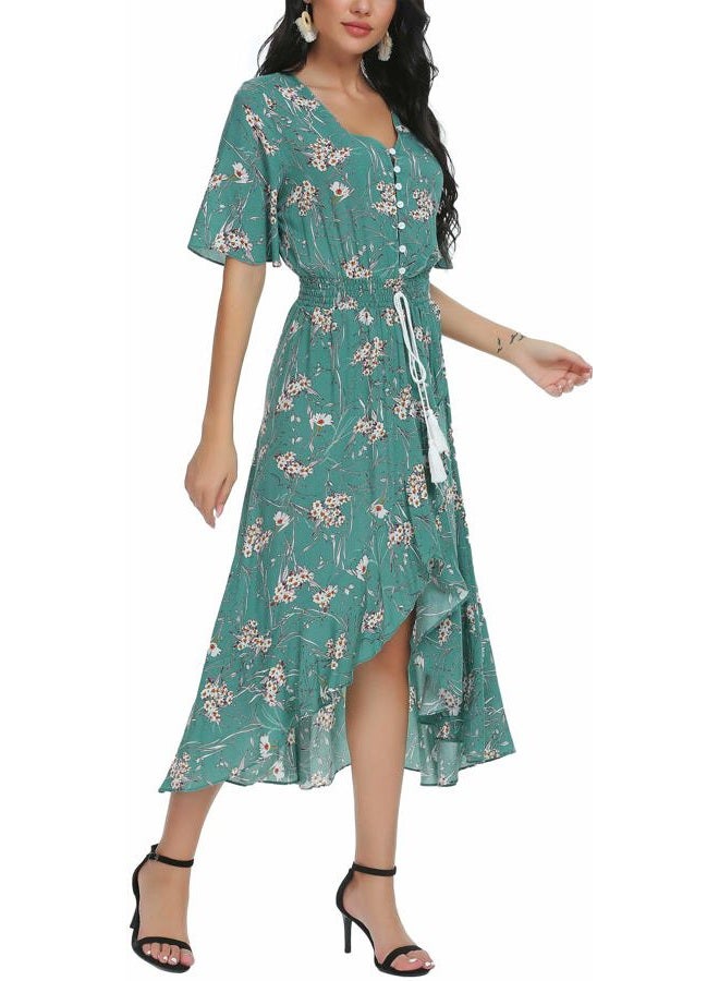 Kormei Womens Short Sleeve Floral Maxi Dress High Low V-Neck Flowy Party Long Dresses, D10-solid Green, XL - Image 2