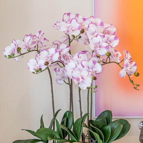 DUYONE 35 Inch Artificial Butterfly Orchid Flowers 4 Pcs with 4 Bundles Leaves Artificial Orchid Flowers Stem Plants for Home Décor (Light Purple 4pcs) - Image 1