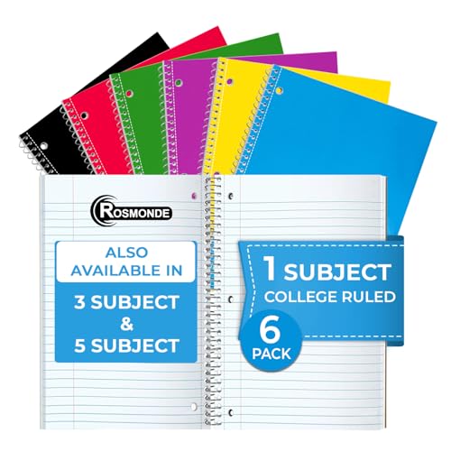 Rosmonde 1 Subject Notebook College Ruled, 6 Pack, 70 Sheets (140 Pages), 8 x 10-1/2", 3 Hole Punched Notebooks, Thick No-Bleed Paper, Sturdy Back, College Ruled Notebook for School, Assorted Colors - Image 1