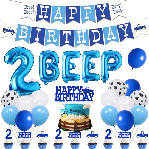 Merrystorm 55Pcs Little Blue Truck 2nd Birthday Party Decoration Beep Beep Happy Birthday Banner Blue Truck Cake Topper Beep Two Cupcake Toppers Latex Balloons for Boys Girls Two Birthday Party Decor Supplies - Image 1