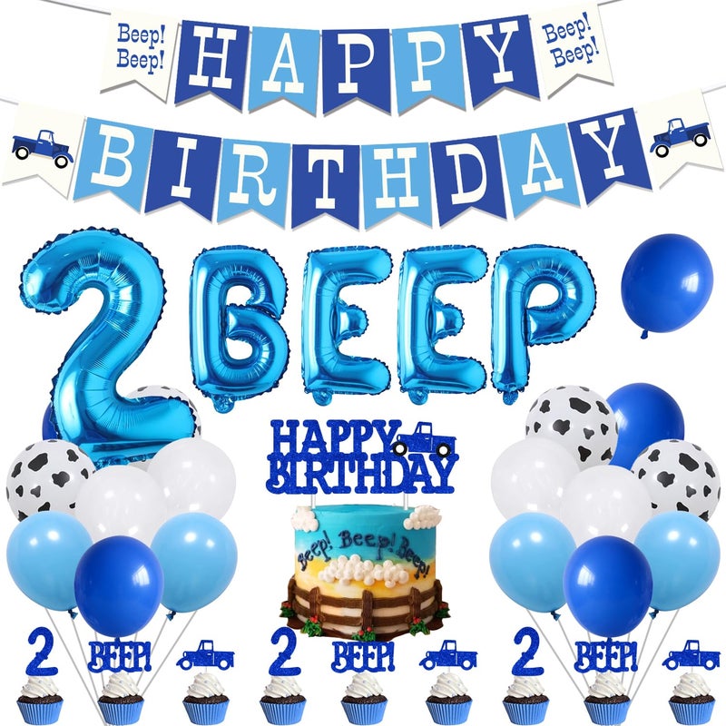 Merrystorm 55Pcs Little Blue Truck 2nd Birthday Party Decoration Beep Beep Happy Birthday Banner Blue Truck Cake Topper Beep Two Cupcake Toppers Latex Balloons for Boys Girls Two Birthday Party Decor Supplies - Image 3