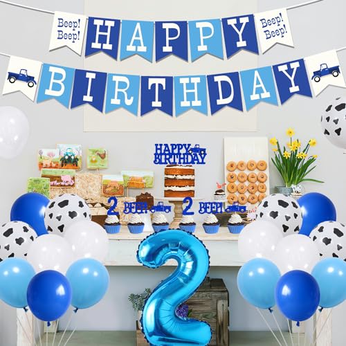 Merrystorm 55Pcs Little Blue Truck 2nd Birthday Party Decoration Beep Beep Happy Birthday Banner Blue Truck Cake Topper Beep Two Cupcake Toppers Latex Balloons for Boys Girls Two Birthday Party Decor Supplies - Image 5