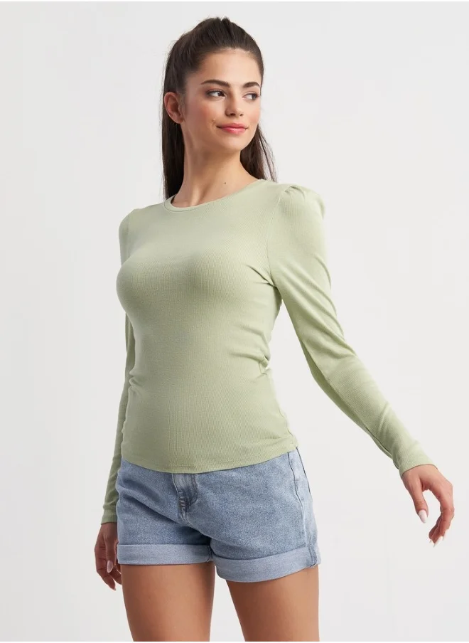 هايليز Puffed Shoulder Long Sleeve Top Light Green