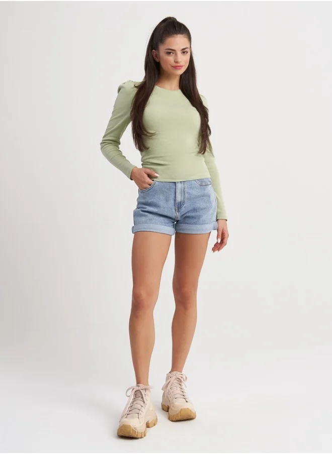 هايليز Puffed Shoulder Long Sleeve Top Light Green