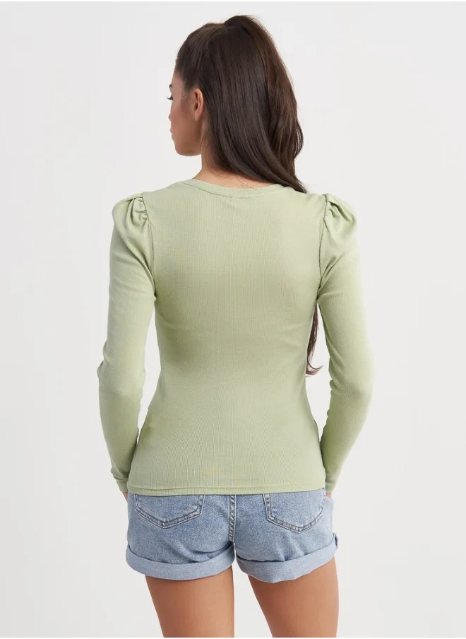 هايليز Puffed Shoulder Long Sleeve Top Light Green