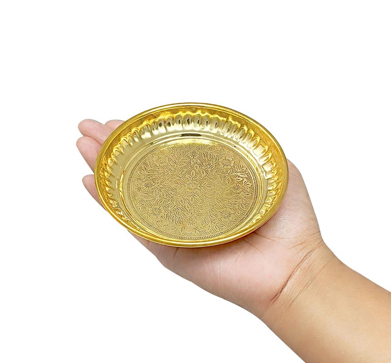 BENGALEN Brass Pooja Plate Puja Thali Very Small 4 Inch Arti Thali Set Traditional Designed Handcrafted Thal for Puja Ghar Home Office Mandir Diwali Weeding Return Gift Items - Image 3