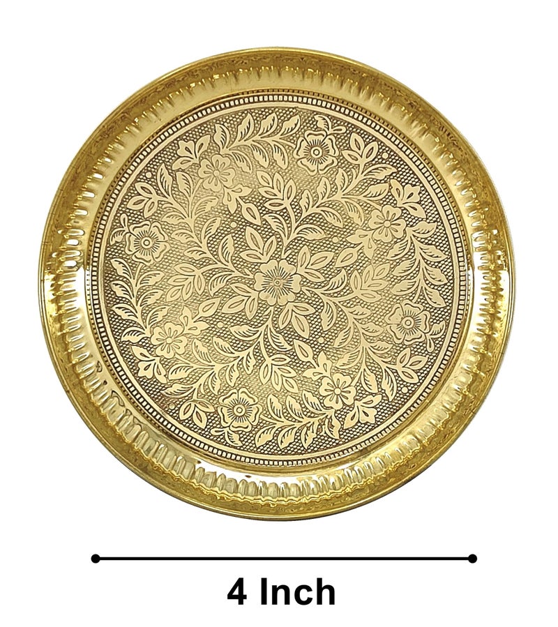 BENGALEN Brass Pooja Plate Puja Thali Very Small 4 Inch Arti Thali Set Traditional Designed Handcrafted Thal for Puja Ghar Home Office Mandir Diwali Weeding Return Gift Items - Image 2