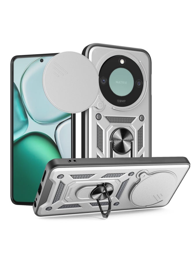 Shunjia Sliding Window Case, Shockproof Rugged Armor with Sliding Camera Cover & 360° Ring Kickstand, Compatible with Honor X9c Smart (Silver)