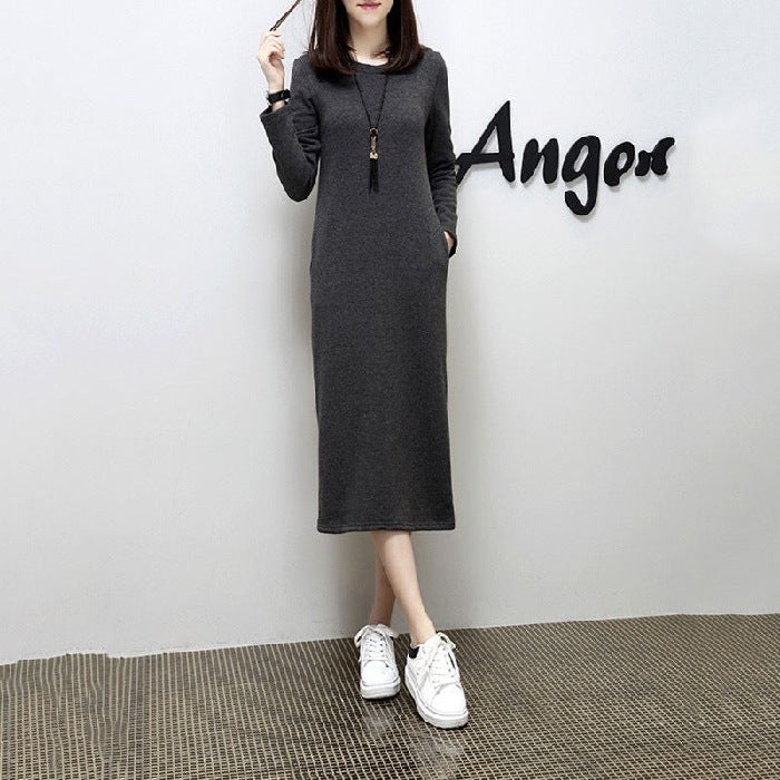 Add velvet padded fat mm200 kg Fall/Winter New vests womens long skirt large size womens long bottoming dress Grey 