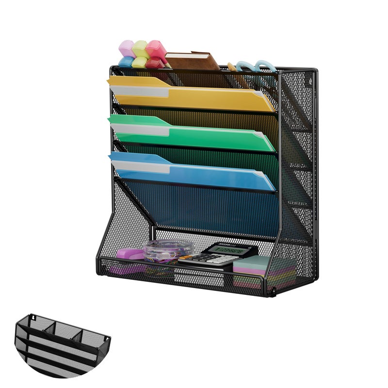 Jakyitvi File Organizer Wall Mounted 5 Tiers Durable Adjustable Metal Vertical Hanging File Holder Stable RShaped Base with 4 PullOut Dividers for Mail Newspaper Pen Suitable for Office Classroom - Image 2