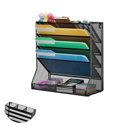 Jakyitvi File Organizer Wall Mounted 5 Tiers Durable Adjustable Metal Vertical Hanging File Holder Stable RShaped Base with 4 PullOut Dividers for Mail Newspaper Pen Suitable for Office Classroom - Image 1