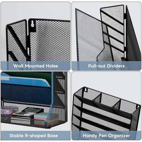 Jakyitvi File Organizer Wall Mounted 5 Tiers Durable Adjustable Metal Vertical Hanging File Holder Stable RShaped Base with 4 PullOut Dividers for Mail Newspaper Pen Suitable for Office Classroom - Image 3