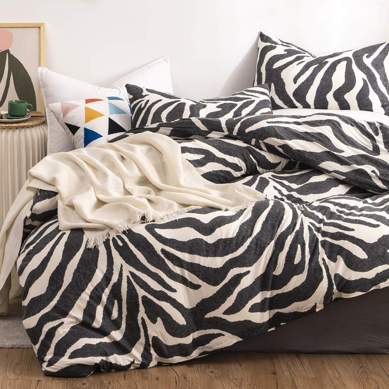 LAYENJOY Zebra Duvet Cover Set Queen 100% Cotton Black and White Animal Print Bedding 1 Leopard Comforter Cover Full with Zipper Ties 2 Pillowcases for Kids Teens Boys Girls Women - Image 4