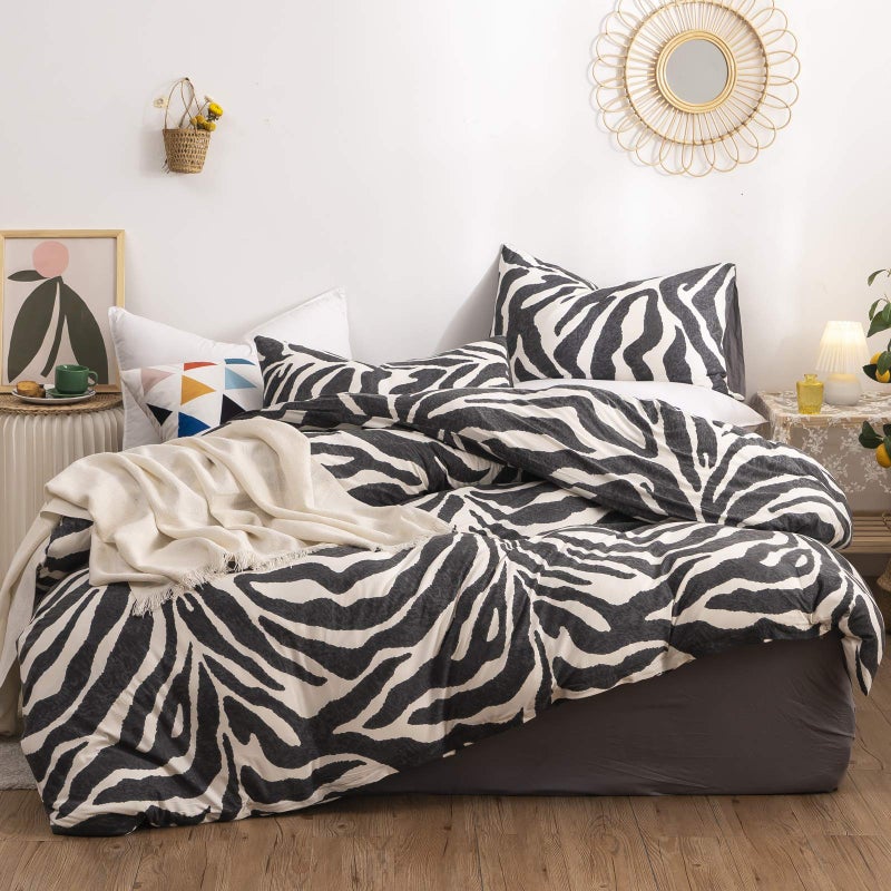 LAYENJOY Zebra Duvet Cover Set Queen 100% Cotton Black and White Animal Print Bedding 1 Leopard Comforter Cover Full with Zipper Ties 2 Pillowcases for Kids Teens Boys Girls Women - Image 1