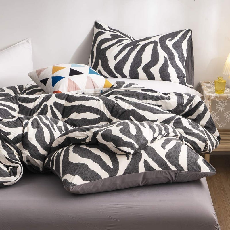 LAYENJOY Zebra Duvet Cover Set Queen 100% Cotton Black and White Animal Print Bedding 1 Leopard Comforter Cover Full with Zipper Ties 2 Pillowcases for Kids Teens Boys Girls Women - Image 5