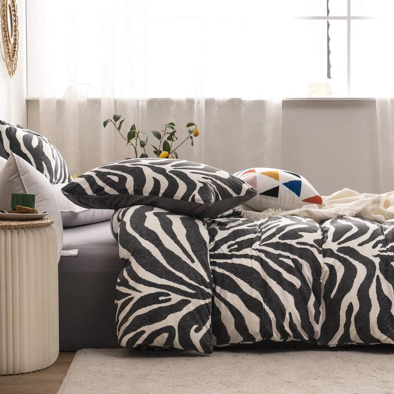 LAYENJOY Zebra Duvet Cover Set Queen 100% Cotton Black and White Animal Print Bedding 1 Leopard Comforter Cover Full with Zipper Ties 2 Pillowcases for Kids Teens Boys Girls Women - Image 3
