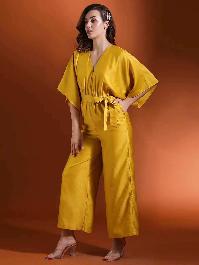 جلو باص جمبسوت ساتان نسائي بأكمام كيمونو ورباط خصر من جلوبس