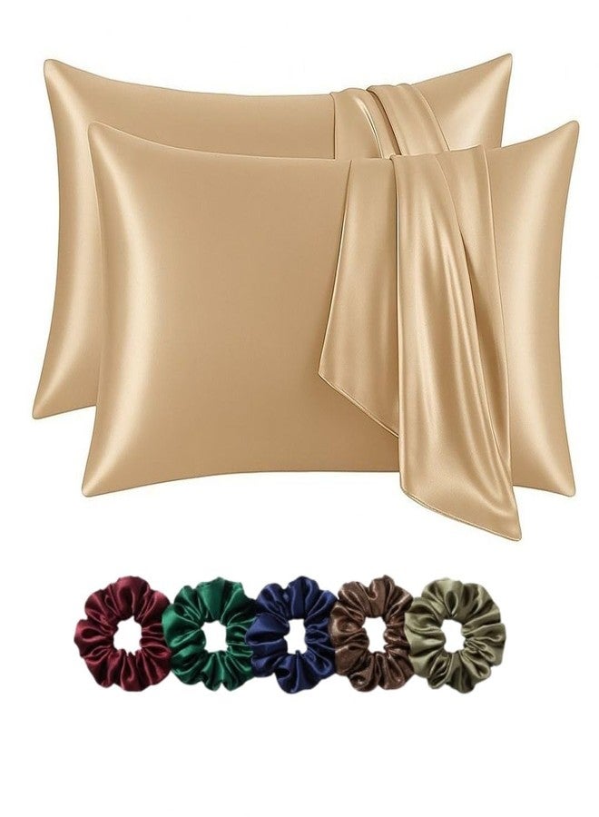 Craftelio Satin Pillow Cover Set for Hair & Skin - 18x28 Pack of 2 with Free 5 Satin Scrunchies | Silky, Smooth, Anti-Frizz Pillowcases for Women (Beige) - Image 1