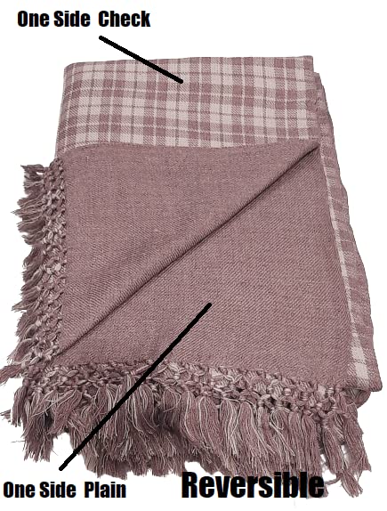 MAMRAJ Men's Woven One side Checks & One side Plain Design Pure Wool Lohi/Woollen Shawl (250cm x 125cm) (Wine Brown) - Image 3