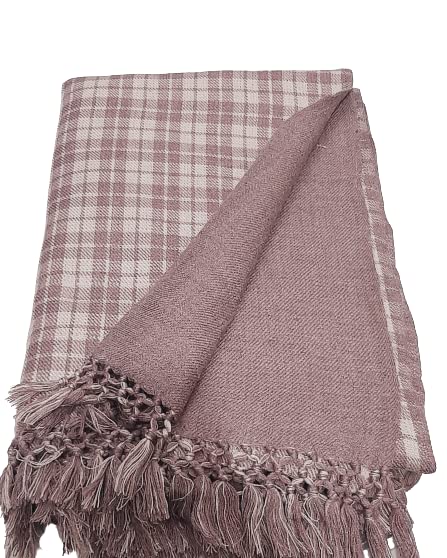 MAMRAJ Men's Woven One side Checks & One side Plain Design Pure Wool Lohi/Woollen Shawl (250cm x 125cm) (Wine Brown) - Image 2
