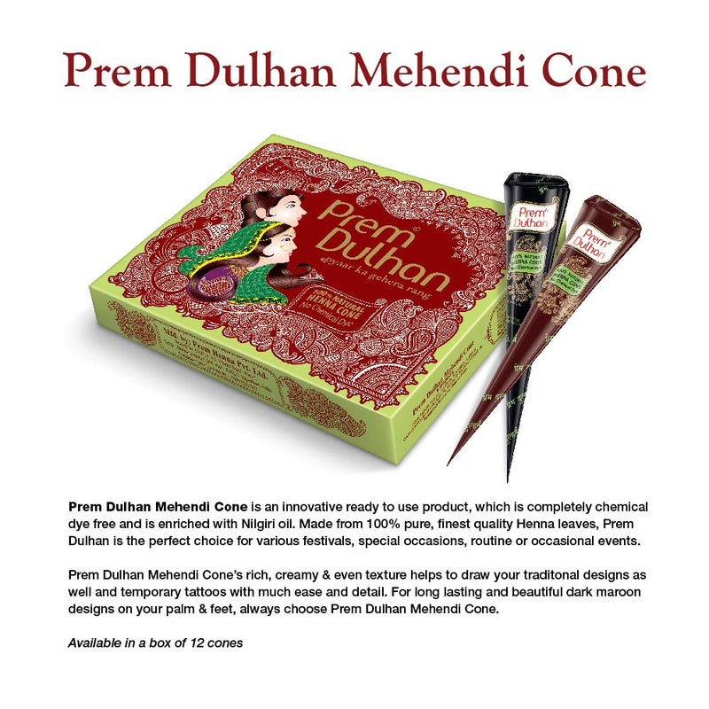 Prem Dulhan Mehendi Cone 12pc in 1 Box 100 Pure Leaf of Natural Henna No Chemicals No PPD No Side Effects Pack of 2 - Image 2