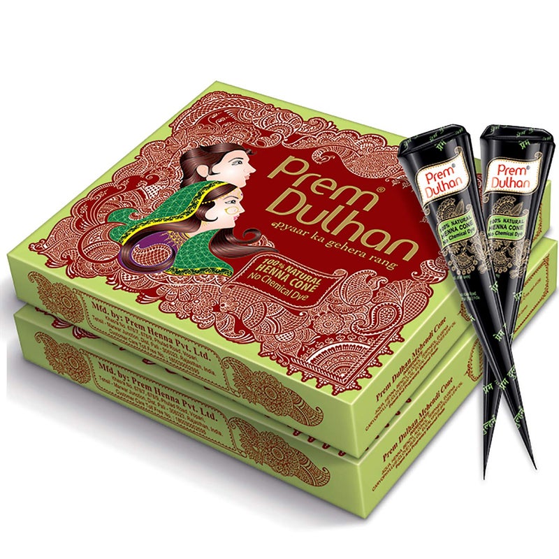 Prem Dulhan Mehendi Cone 12pc in 1 Box 100 Pure Leaf of Natural Henna No Chemicals No PPD No Side Effects Pack of 2 - Image 1