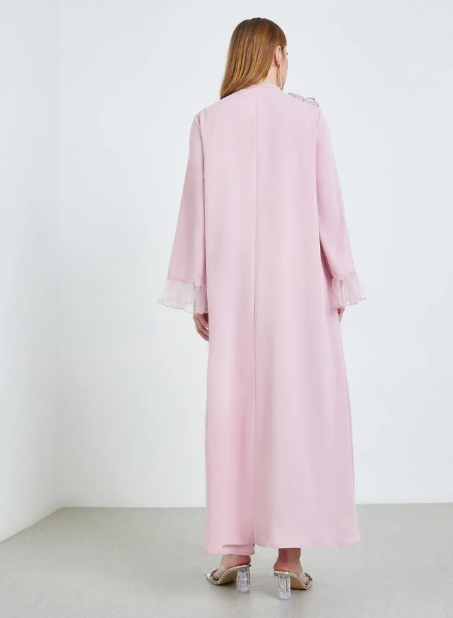 Take Two  Pink Floral Applique Mesh Sleeve Jalabiya for Women | Best Price UAE