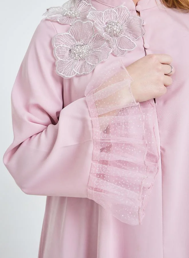 Take Two  Pink Floral Applique Mesh Sleeve Jalabiya for Women | Best Price UAE