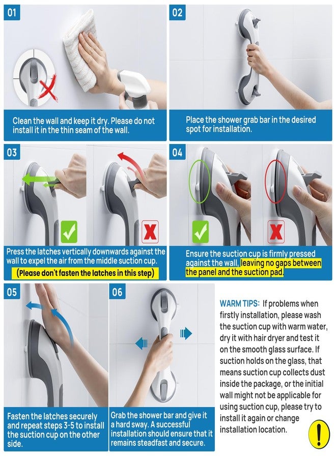 LEVERLOC Grab Bars for Bathtubs and Showers 2 Pack Suction Grab Bar, Heavy Duty 12 Inch Shower Handle Removable Bath Handrails for Seniors and Elderly, Bathroom Safety Grip No Drilling Waterproof Grey - Image 5