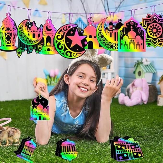 ® RAMADAN CRAFTS FOR KIDS 24PCS RAINBOW EID MUBARAK SCRATCH CARDS DIY RAMADAN SCRATCH ART PAPER ORNAMENTS CRAFT EID MUBARAK CRAFTS FOR KIDS CLASSROOM PARTY FAVORS EID MUBARAK DECORATION (2) - Image 4