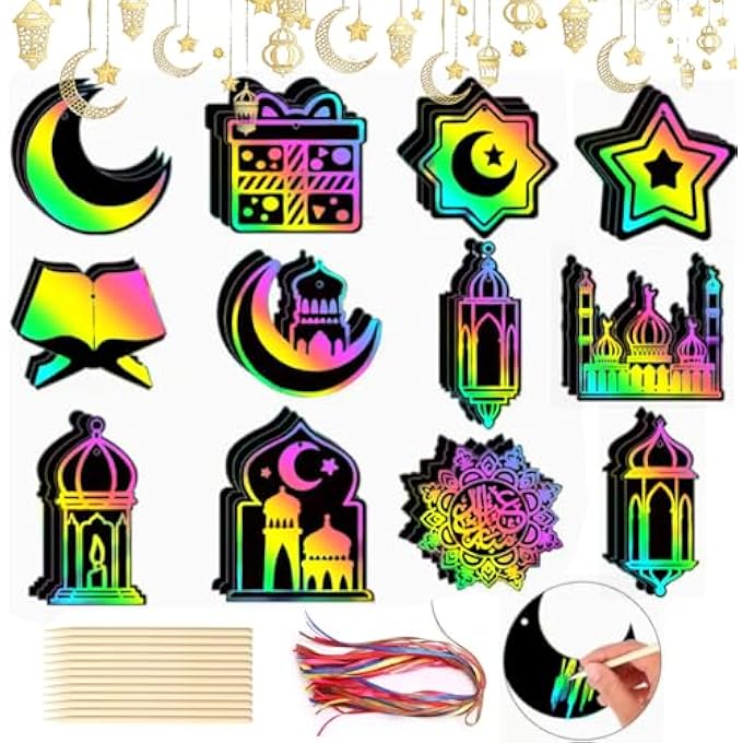 ® RAMADAN CRAFTS FOR KIDS 24PCS RAINBOW EID MUBARAK SCRATCH CARDS DIY RAMADAN SCRATCH ART PAPER ORNAMENTS CRAFT EID MUBARAK CRAFTS FOR KIDS CLASSROOM PARTY FAVORS EID MUBARAK DECORATION (2) - Image 1