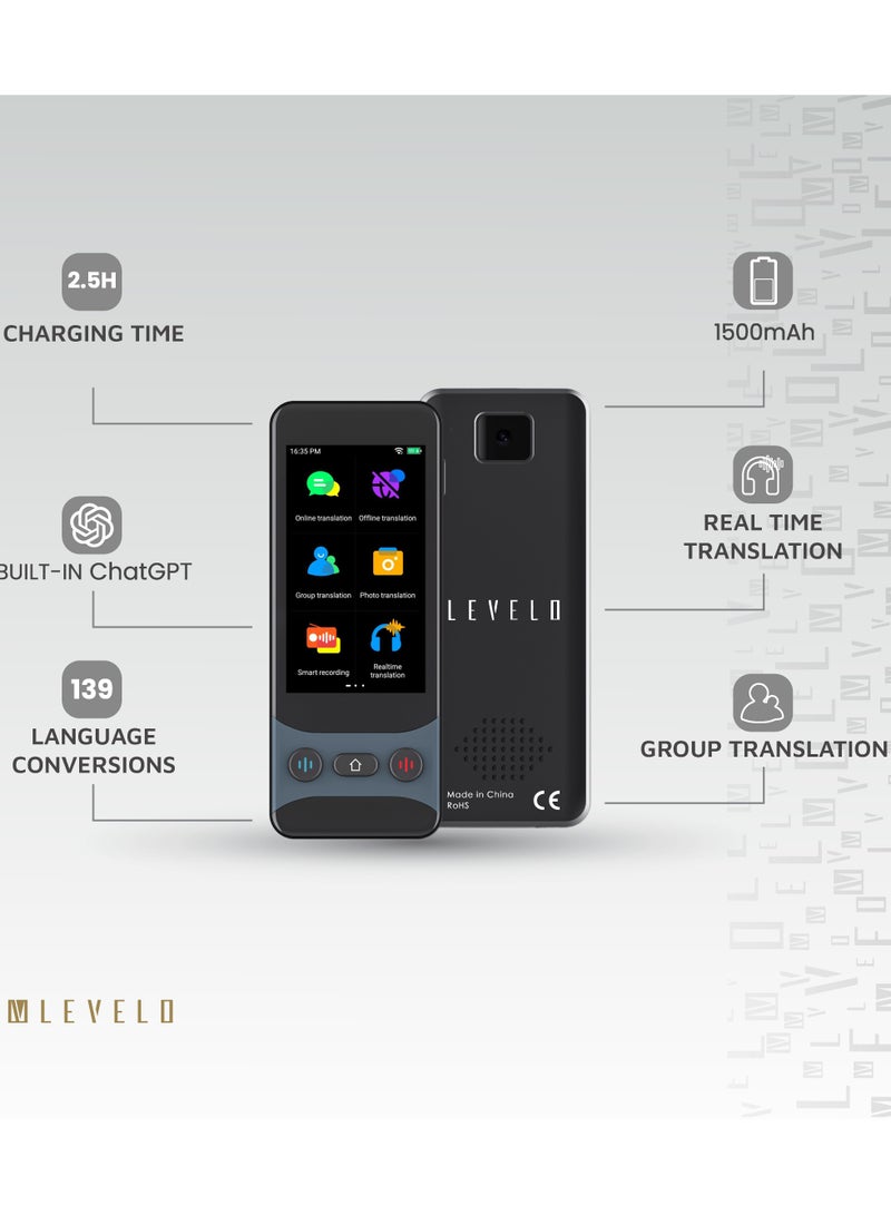 LEVELO FluentLink Offline & Online Voice Translator with Built-in ChatGPT and Translation Buttons / 139 Language / Online/Offline Translation & Real Time Translation / Voice and Photo Translator - Grey - Image 5