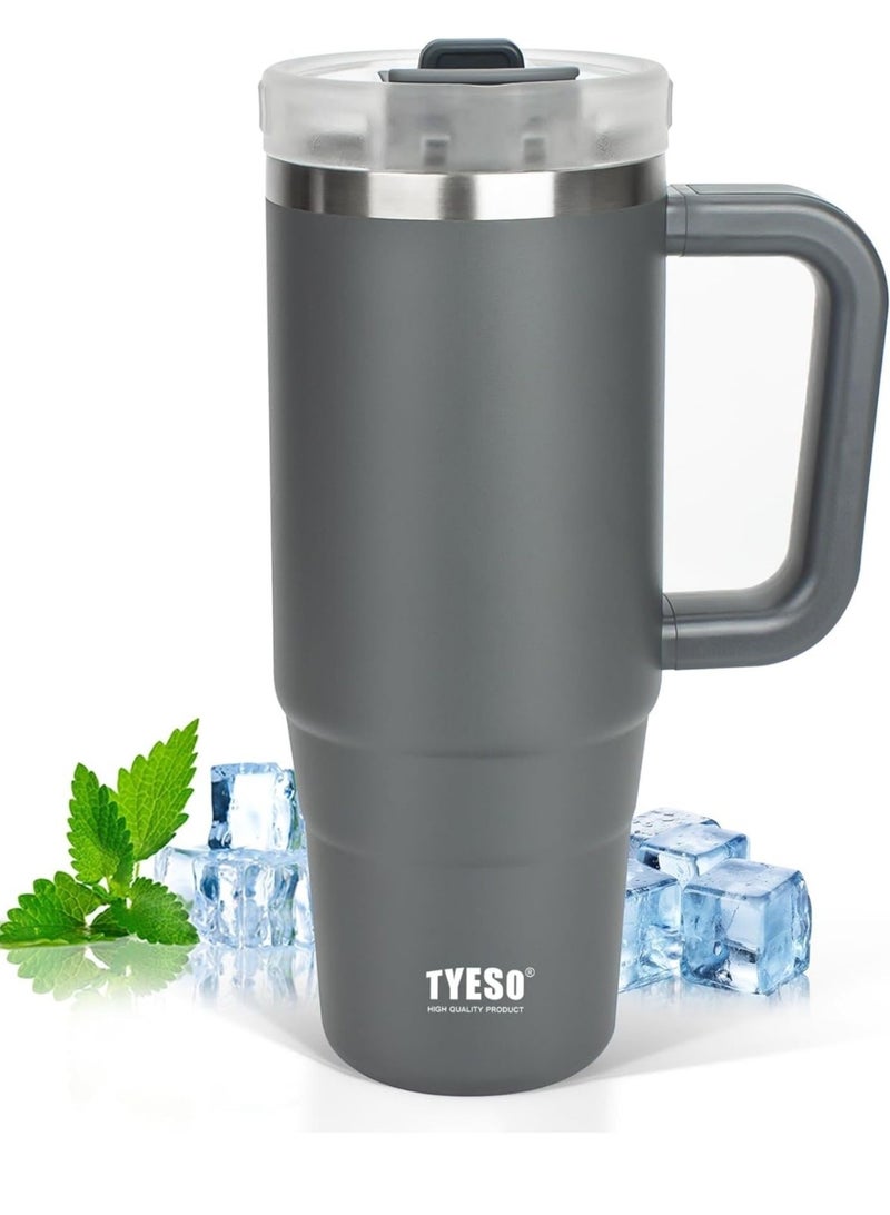 Tyeso 40oz Tumbler with Handle, Straw and Lid - Leak Resistant Insulated Stainless Steel Water Bottle, Car Cup Holder Friendly Travel Coffee Mug (Grey) - Image 1