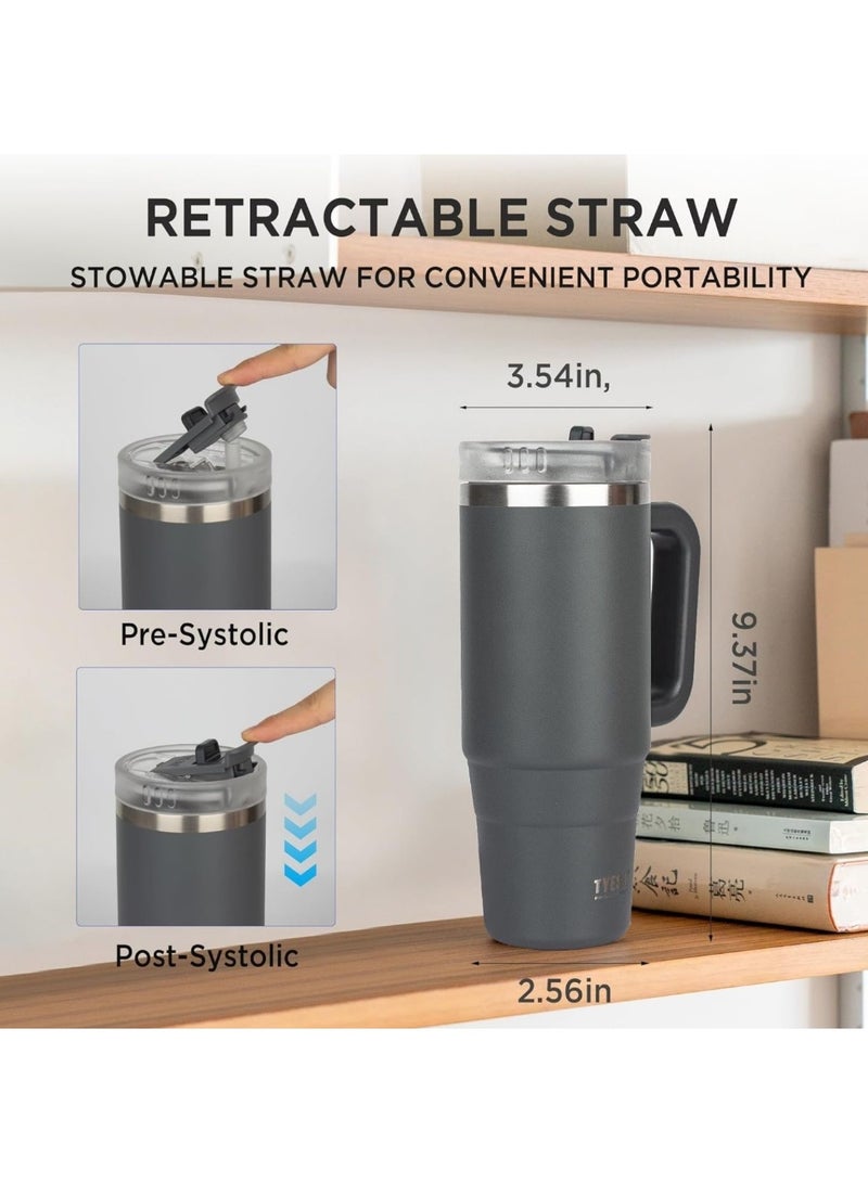 Tyeso 40oz Tumbler with Handle, Straw and Lid - Leak Resistant Insulated Stainless Steel Water Bottle, Car Cup Holder Friendly Travel Coffee Mug (Grey) - Image 5