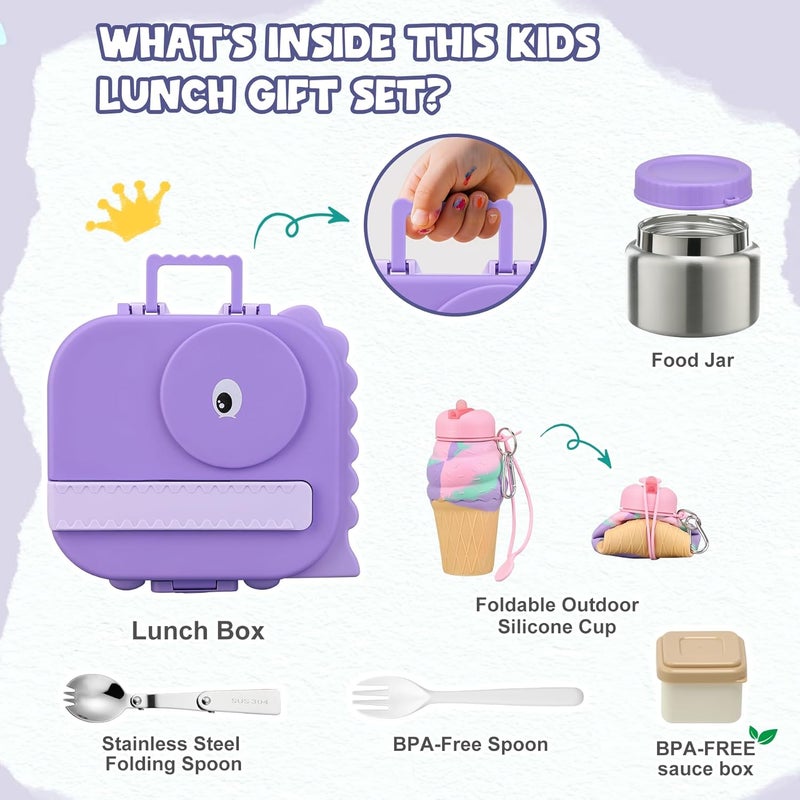 Aimsnk Dinosaur Lunch Box for Kids with Secret Compartment | 4 Compartments Bento Box + 12oz Insulated Food Jar | Leak-Proof Sauce Cup & Collapsible Spoon | BPA-Free, Dishwasher Safe(Green+Green Jar) - Image 2