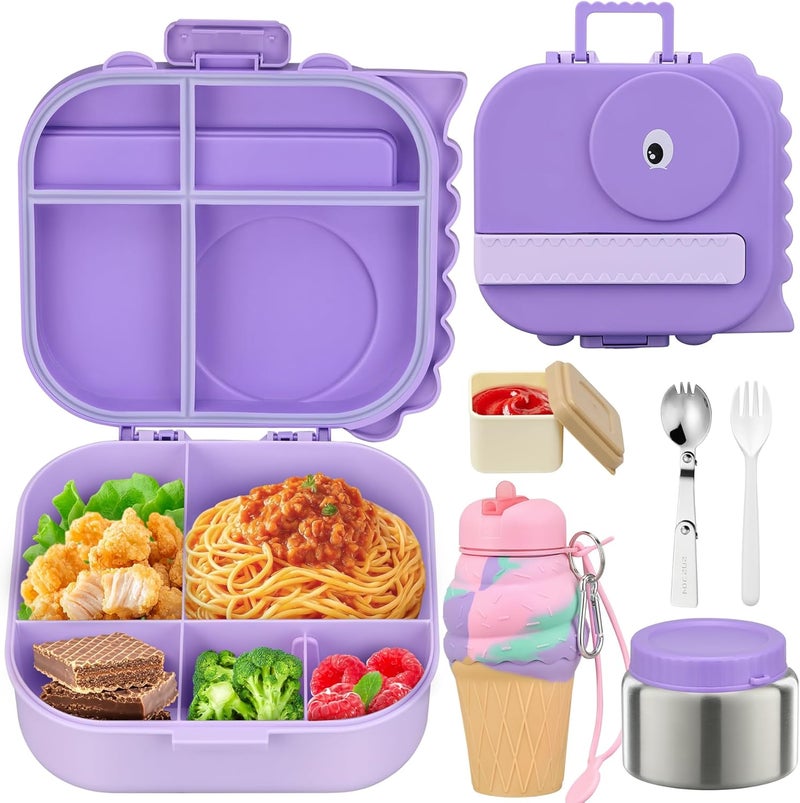 Aimsnk Dinosaur Lunch Box for Kids with Secret Compartment | 4 Compartments Bento Box + 12oz Insulated Food Jar | Leak-Proof Sauce Cup & Collapsible Spoon | BPA-Free, Dishwasher Safe(Green+Green Jar) - Image 1