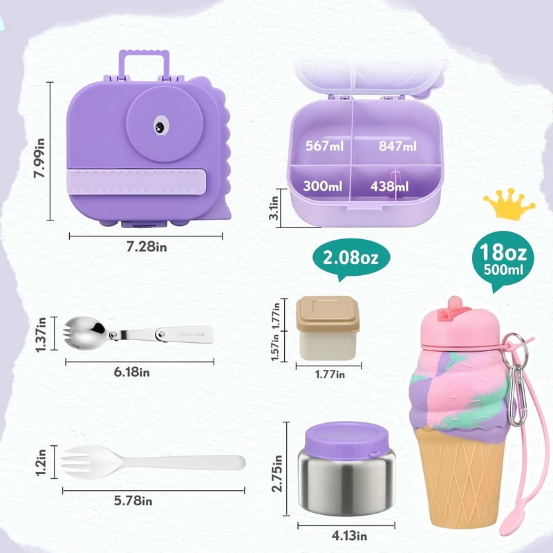 Aimsnk Dinosaur Lunch Box for Kids with Secret Compartment | 4 Compartments Bento Box + 12oz Insulated Food Jar | Leak-Proof Sauce Cup & Collapsible Spoon | BPA-Free, Dishwasher Safe(Green+Green Jar) - Image 4