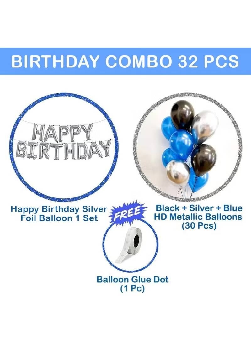 Happy Birthday Decoration Kit, 32 Pcs Set with Silver Foil Letter Balloons and Blue, Silver, Black Metallic Latex Balloons for Boys & Kids - Image 2