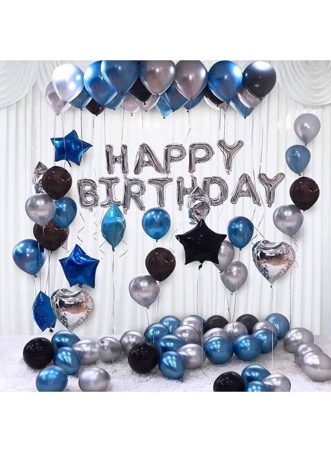 Happy Birthday Decoration Kit, 32 Pcs Set with Silver Foil Letter Balloons and Blue, Silver, Black Metallic Latex Balloons for Boys & Kids - Image 1