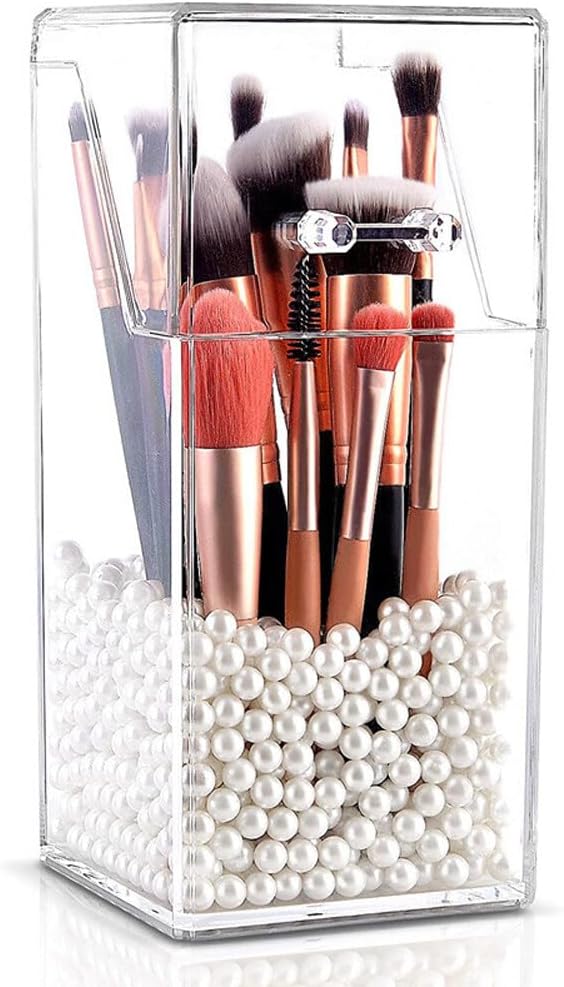 QUUPY Square Acrylic Makeup Brush Holder with Dustproof Lid Cosmetic Brushes Storage Organizer Display Box Case for Bathroom, Bedroom, Vanity, Countertop