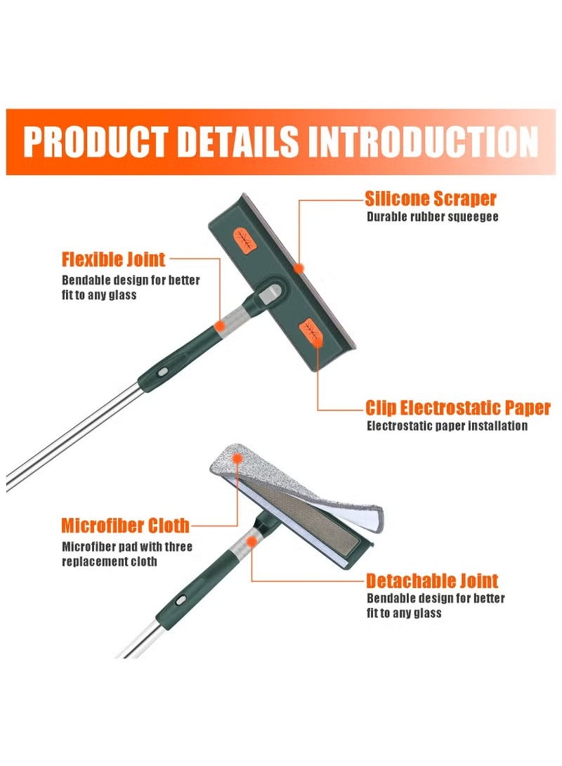 أداة تنظيف النوافذ القابلة للتمديد 206 سم، مجموعة تنظيف النوافذ 2 في 1 مع عمود تنظيف ورأس مرن مناسب لتنظيف النوافذ العالية، تتضمن 5 أقسام خضراء وقطعتي قماش بديلتين وممسحة واحدة - Image 3