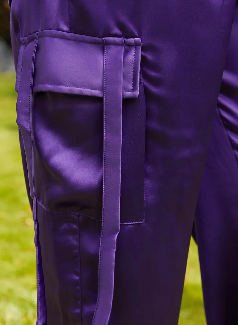 Pinacolada  Women's Violet Purple Boxy Satin Cargo Pants for Women | Best Price UAE
