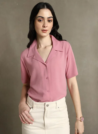 Dennis Lingo Women's Pink 100% Polyester Solid Button Down Regular Fit Shirt
