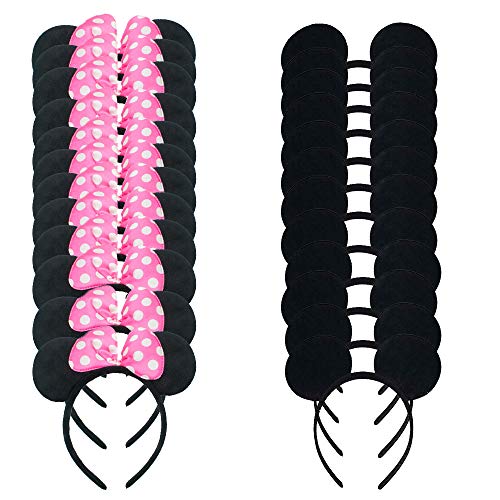 winvin Set of 24 Mouse Costume Deluxe Fabric Ears Headband White Polka Dots Bow Boys Girls Birthday Party Hairs Accessories Baby Shower Headwear Halloween Party Favors Decorations (Black Pink) - Image 5