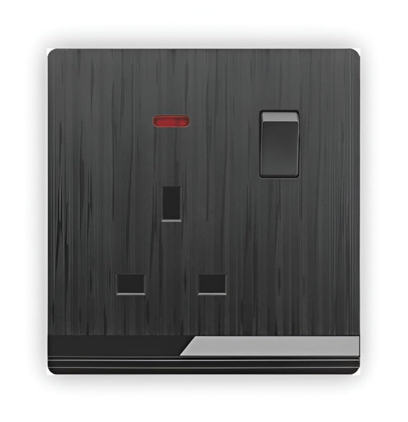 Switched Power Socket with Neon Indicator – UK Standard Wall Outlet, Single Gang, Black Wood Finish - Image 1